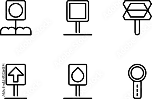 Minimalist Vector Road Signs Including Circle Square Arrow Water Drop and Magnifying Glass for Navigation and Instructional Design