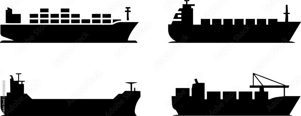 Obraz premium Silhouette Cargo Ships Set for Maritime Theme Designs
