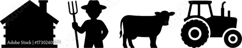 Farmhouse Farmer Cow Tractor Agriculture Silhouette Illustration
