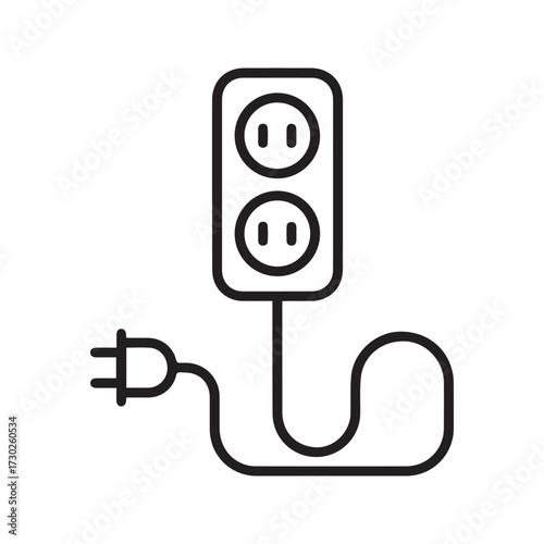 Power strip icon. Simple line art illustration of an electrical extension cord with a plug and multiple sockets, isolated on a white background.
