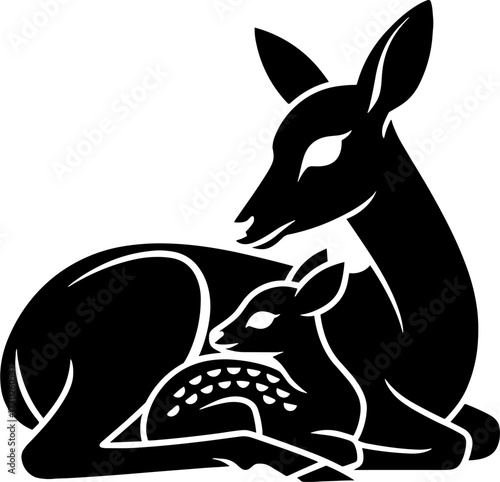 Mother Deer Resting with Baby Fawn Lying Close Together Family Wildlife Nature Illustration for Tattoo Design or Coloring
