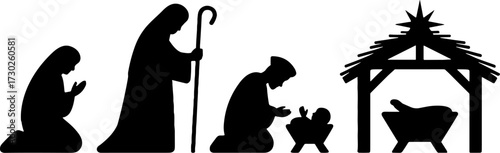 Nativity Scene Silhouette with Mary Joseph Jesus and Stable