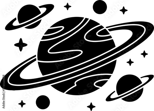 Stylized Black Planet with Rings and Stars Cosmic Design