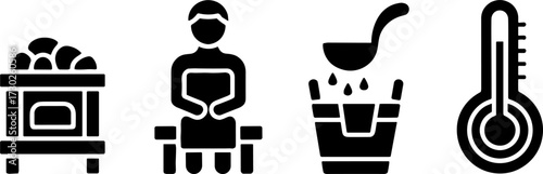 Sauna Ritual with Hot Stones Person Sitting Ladle Pouring Water and Thermometer for Relaxation and Wellness