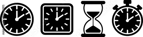 Black Clock and Timers Including Round Square Stopwatch and Hourglass for Time Management and Tracking