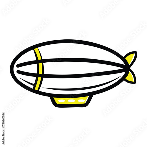 Stylized airship with yellow stripes and tail fin doodle aviation transport vector icon


