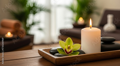 Burning candle with orchid flower and black stones on wooden tray in spa room