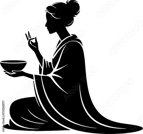 Silhouette of Kneeling Woman in Traditional Dress Holding Bowl and Making Peace Sign for Meditation and Spirituality Design