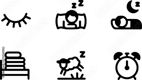 Sleep and Rests Set Including Sleeping Person Sheep Counting Alarm Clock Pillow and Closed Eye Vector Illustration for App and Website