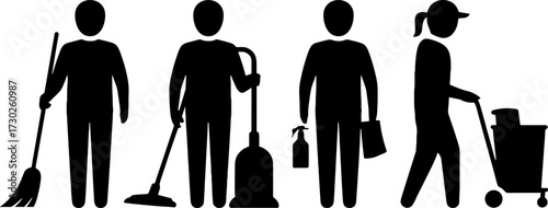 Cleaning Workers Silhouettes with Tools Vacuum Mop Bucket Spray Bottle for Janitorial Service Design
