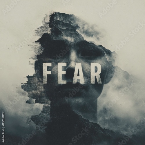 Illustration of fear emotion, abstract drawing of scared facial expression, psychological concept artwork, anxiety, stress, panic and mental health themed design