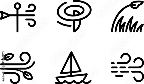 Wind Weathers Set Including Weathervane Tornado Swaying Plant Leaves Sailing Boat Vector