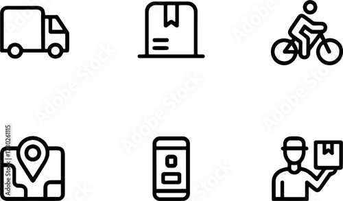 Deliverys Set Featuring Truck Package Bicycle Map and Phone