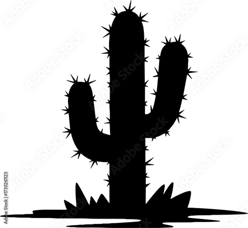 Black Silhouette of Saguaro Cactus with Multiple Arms for Desert Nature Designs and Tattoos