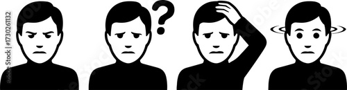 Confused and Dizziness Emotions Set of Male Faces with Question Mark and Spinning Effect for Awareness