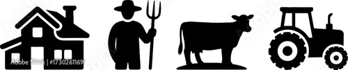 Farm Life Symbols Farmhouse Farmer Cow Tractor Silhouettes