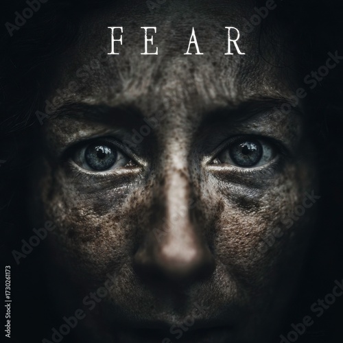 Illustration of fear emotion, abstract drawing of scared facial expression, psychological concept artwork, anxiety, stress, panic and mental health themed design