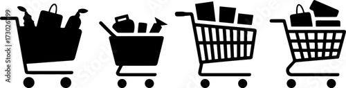 Shopping Carts Filled with Groceries and Bags Vector Set for Ecommerce and Retail Design