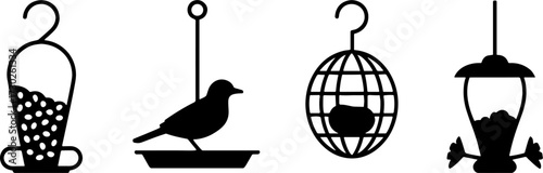 Silhouette Vector Set of Various Hanging Bird Feeders with Wild Bird for Garden Decoration and Wildlife Feeding