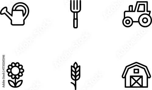 Farm Tools and Agricultures Watering Can Pitchfork Tractor Sunflower Wheat Barn Vector Illustration for Coloring Book