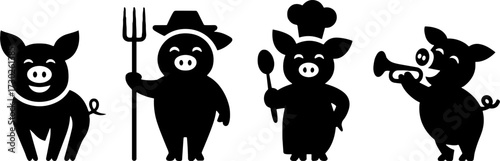 Happy Pig Silhouettes Farmer Chef Musician Vector Set for Kids Crafts and Coloring