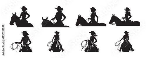 A set of one cowgirl riding horses, a silhouette vector illustration