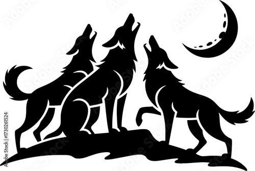 Howling Wolves Silhouette Against Moon Illustration for Design