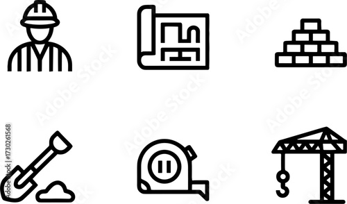 Construction Worker Blueprint Bricks Shovel Tape Measure and Crane Vectors for Building Design and Planning