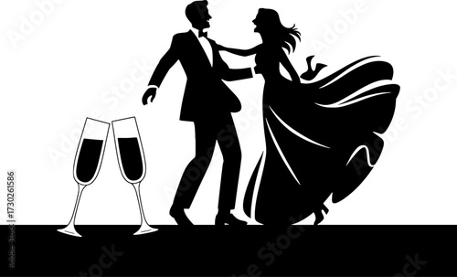 Silhouette of Elegant Couple Dancing Celebration with Champagne Glasses Perfect for Invitations or Party Decor