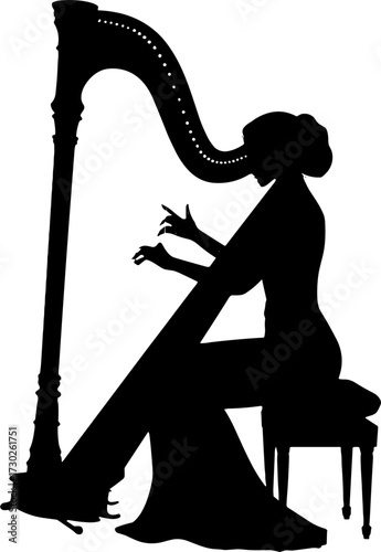 Elegant Female Harpist Playing Classical Harp Musical Instrument Silhouette Design