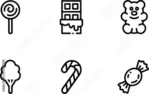 Sweet Candy Collection Lollipop Chocolate Bar Cotton Candy Candy Cane Gummy Bear Wrapped Candy Vectors for Coloring Book and Design
