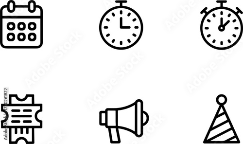 Event Plannings Calendar Timer Stopwatch Ticket Megaphone Hat for Party and Time Management