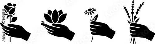 Hands Holding Different Flowers Rose Lotus Daisy Lavender Vector Illustration for Tattoo and Coloring