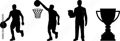 Basketball Player Silhouettes with Trophy and Coach Vector Design