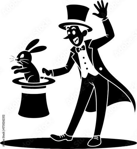 Vintage Magician Performing Rabbit Trick in Top Hat Illustration