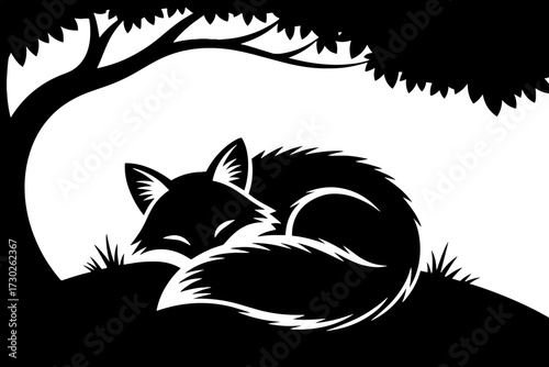 Sleeping fox curled up under tree with grass silhouette peaceful nature scene for tattoo design