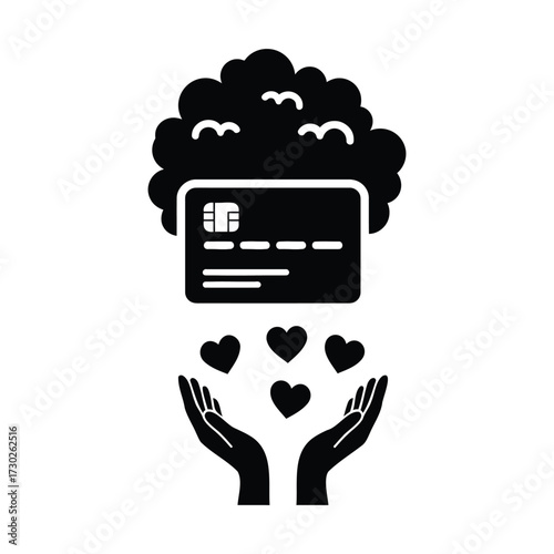 A black and white graphic of a donation box with a heart and a coin falling into the slot above cards silhouette