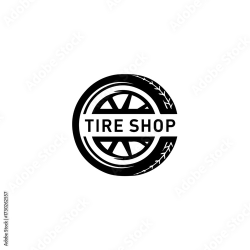 Circular tire and wheel logo icon for an auto repair shop. Black and white vector graphic symbol for automotive business or vehicle service