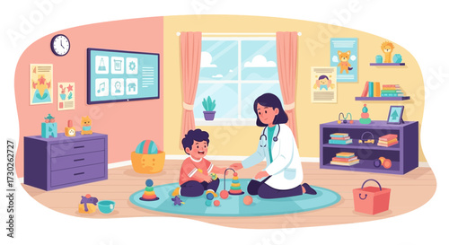 Pediatrician Engaging Playfully with a Young Patient in a Cheerful Clinic Setting