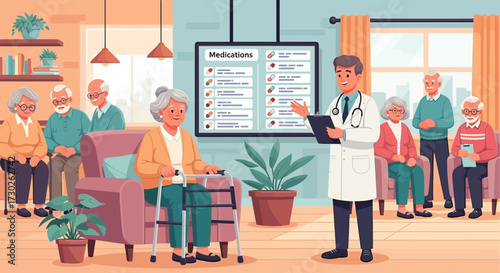 Doctor explaining medication chart to elderly patients in assisted living facility