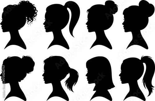 Female Profile Silhouettes with Various Hairstyles including Ponytail Bun Curly and Straight Hair Styles for Design