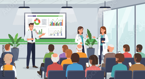 Medical professionals delivering a presentation at a healthcare conference