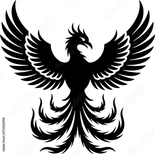 Black Phoenix Silhouette with Spread Wings and Fiery Tail Tribal Tattoo Design