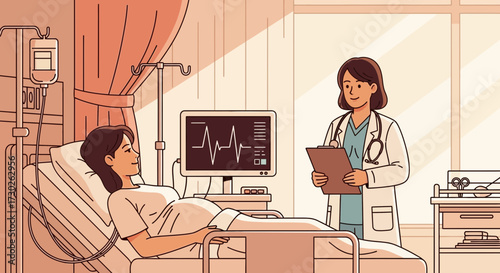 Expecting mother monitored by doctor in maternity ward with diagnostic equipment