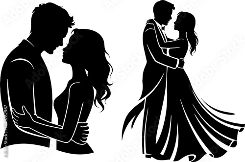 Elegant Silhouette of Romantic Couples Embracing and Dancing