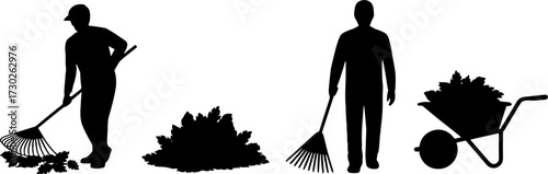 Gardening Silhouettes Depicting Raking Leaves and Wheelbarrow Use