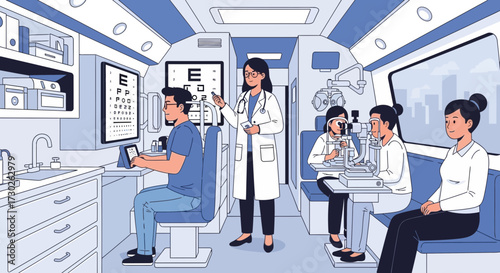 Mobile eye clinic offering vision tests and eye examinations inside a specialized vehicle