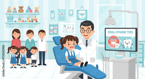Cartoon Dental Office Scene Featuring Dentist and Young Patient Receiving Care