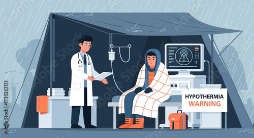 Emergency medical care for hypothermia patient in a field hospital tent during rain