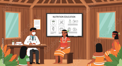 Nutrition education session with doctor and indigenous community illustration